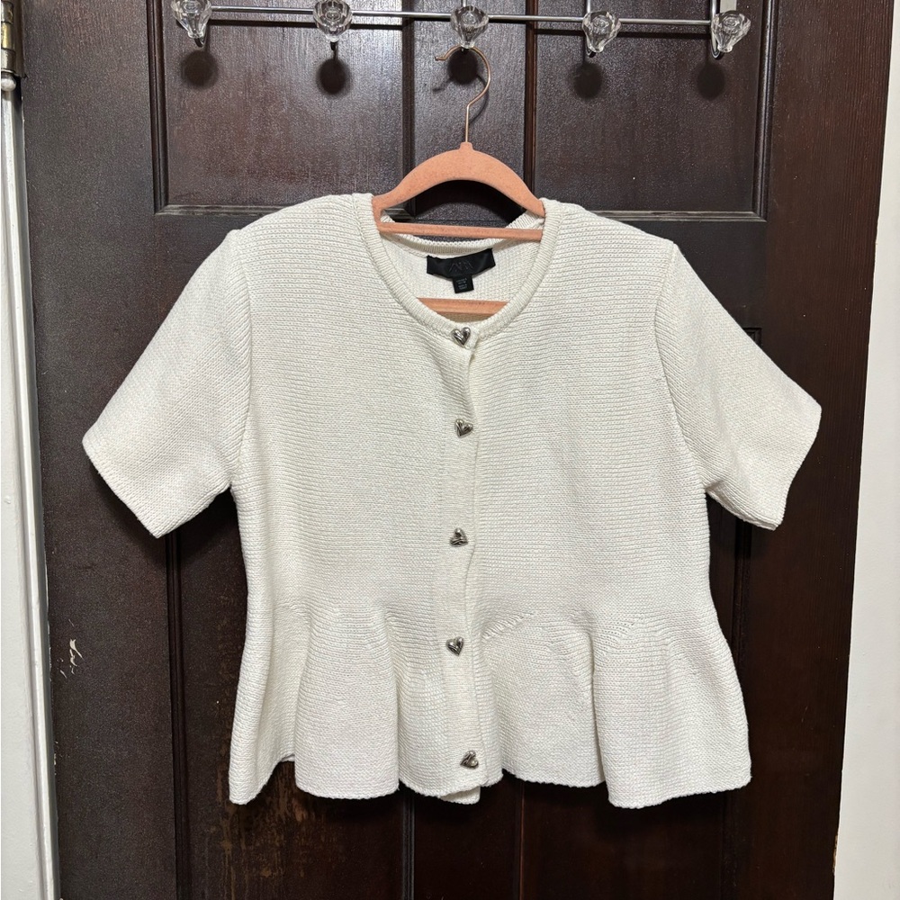 Zara Cream Peplum Sweater with Heart Buttons